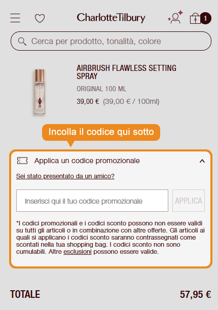Dove inserire il codice sconto Charlotte Tilbury