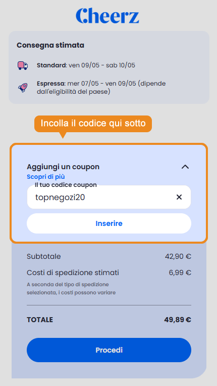 Dove inserire il codice sconto Cheerz