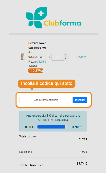 Dove inserire il codice sconto Clubfarma