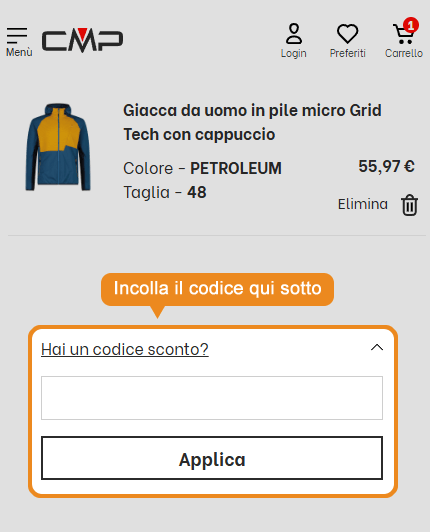 Dove inserire il codice sconto CMP