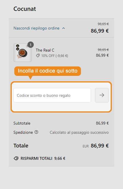 Dove inserire il codice sconto Cocunat