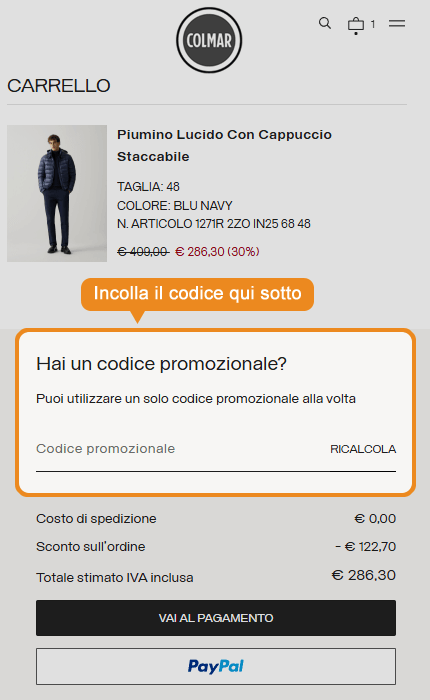 Dove inserire il codice sconto Colmar