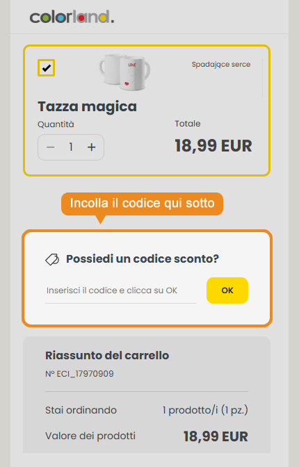 Dove inserire il codice sconto Colorland