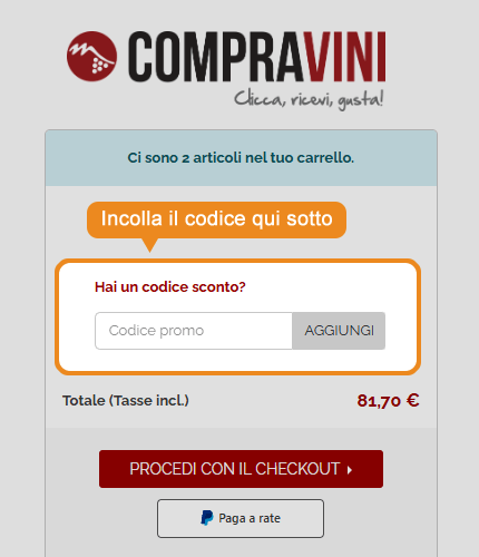 Dove inserire il codice sconto CompraVini