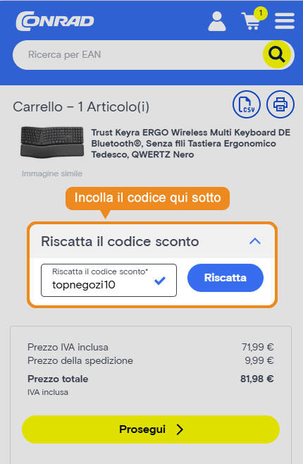 Dove inserire il codice sconto Conrad