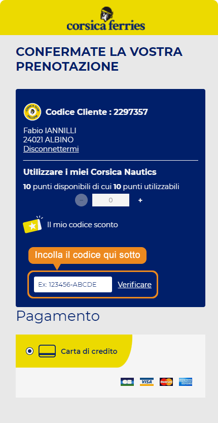Dove inserire il codice sconto Corsica Ferries
