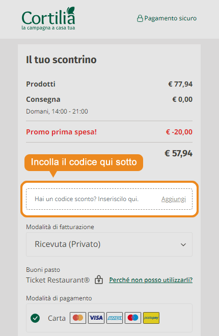 Dove inserire il codice sconto Cortilia