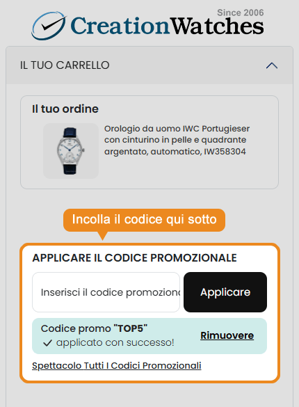 Dove inserire il codice sconto Creation Watches
