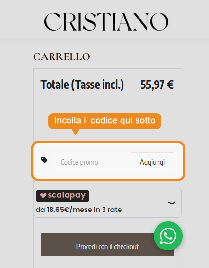 Dove inserire il codice sconto CristianoShop