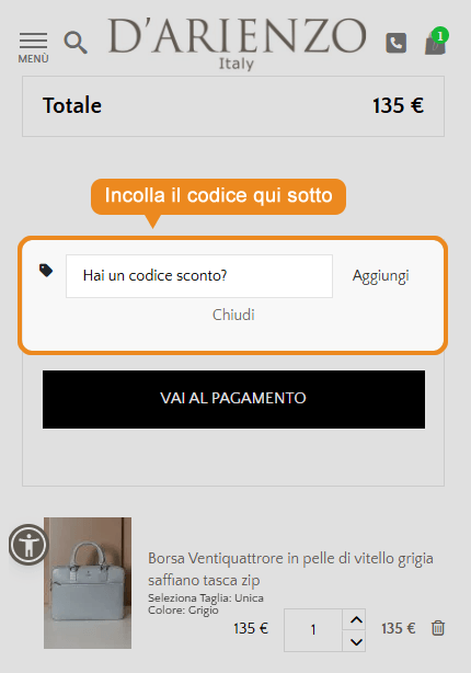Dove inserire il codice sconto D'Arienzo