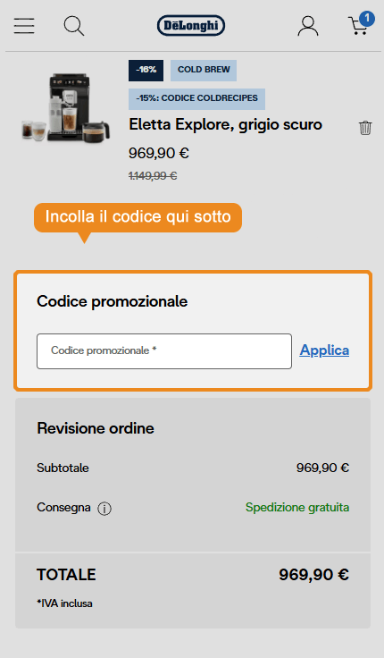 Dove inserire il codice sconto DeLonghi