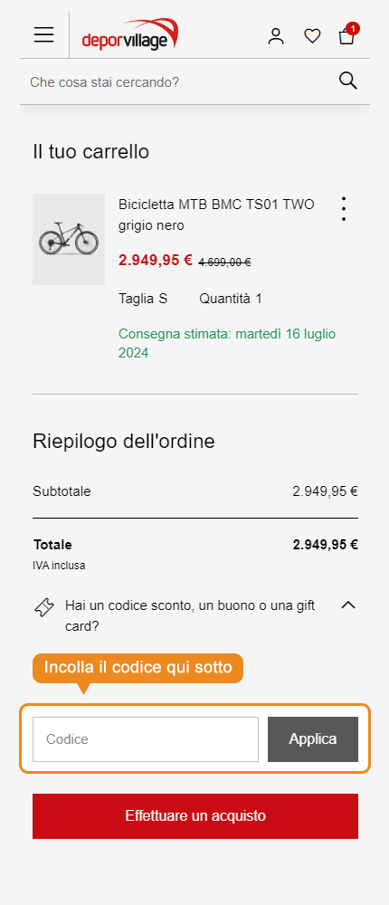 Dove inserire il codice sconto Deporvillage