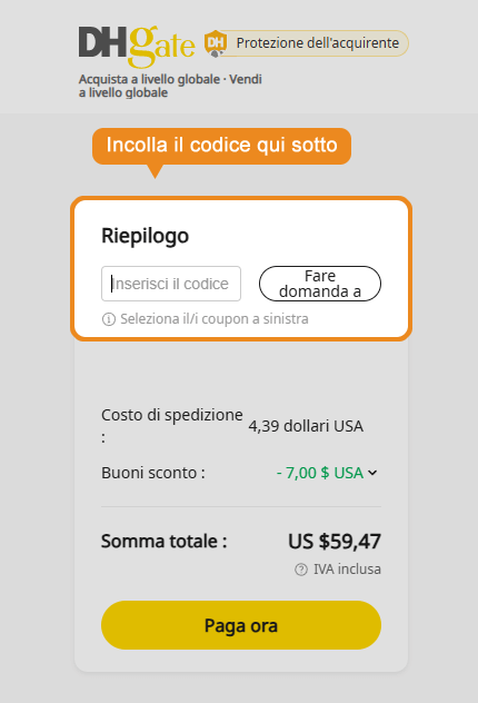 Dove inserire il codice sconto DHGate