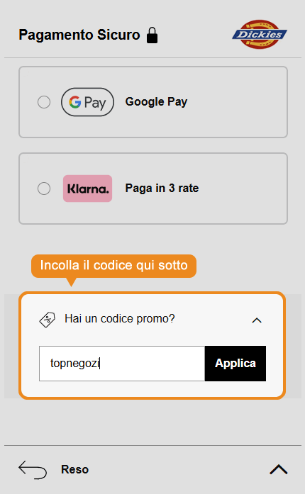 Dove inserire il codice sconto Dickies