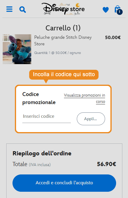 Dove inserire il codice sconto Disney Store