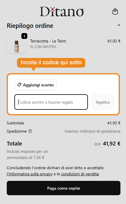 Dove inserire il codice sconto Ditano