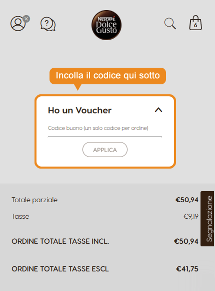 Dove inserire il codice sconto Nescafé Dolce Gusto