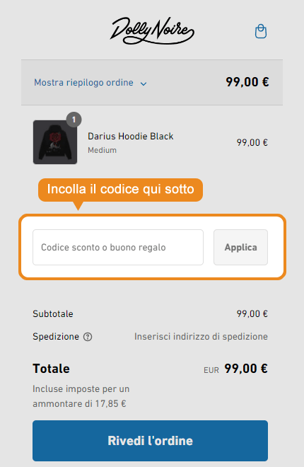 Dove inserire il codice sconto Dolly Noire