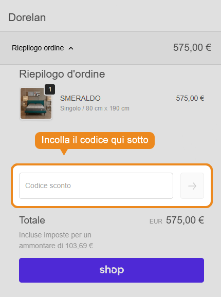 Dove inserire il codice sconto Dorelan