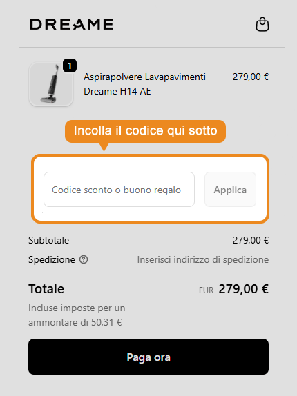 Dove inserire il codice sconto Dreame
