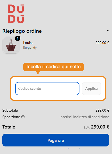 Dove inserire il codice sconto Dudubags