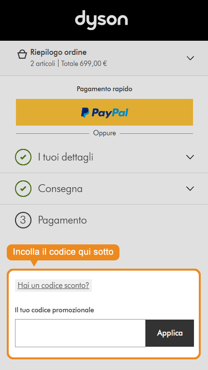 Dove inserire il codice sconto Dyson