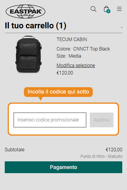 Dove inserire il codice sconto Eastpak