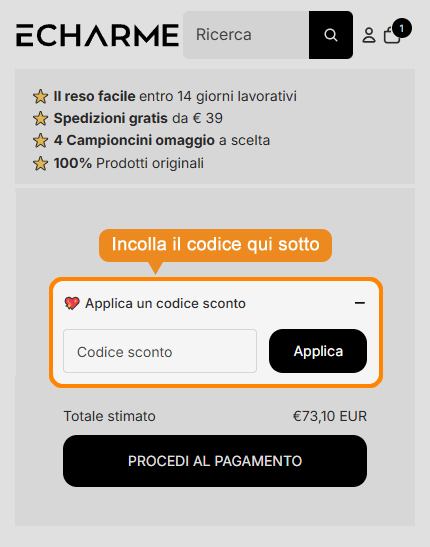 Dove inserire il codice sconto eCHARME