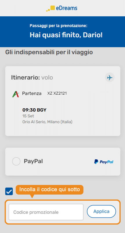 Dove inserire il codice sconto eDreams