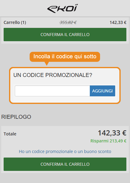 Dove inserire il codice sconto EKOI
