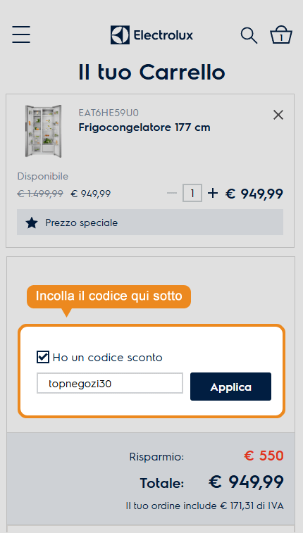 Dove inserire il codice sconto Electrolux