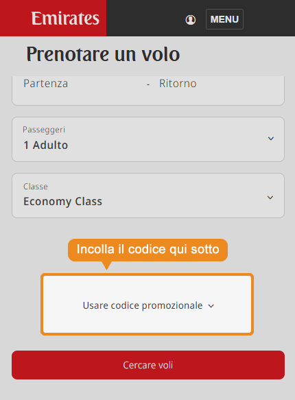 Dove inserire il codice sconto Emirates