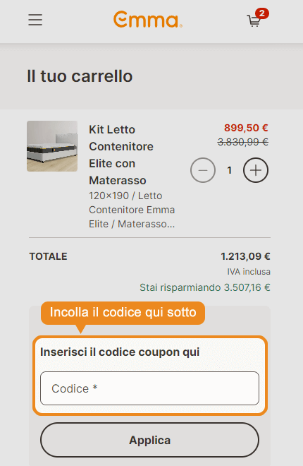 Dove inserire il codice sconto Emma Materasso