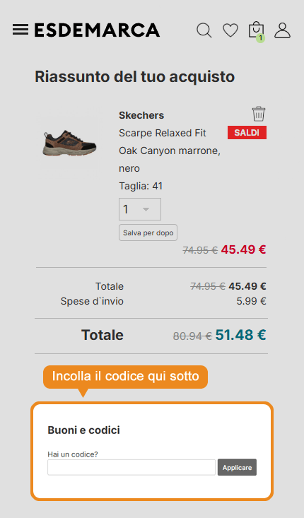 Dove inserire il codice sconto Esdemarca