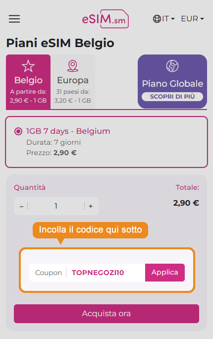 Dove inserire il codice sconto eSIM.sm