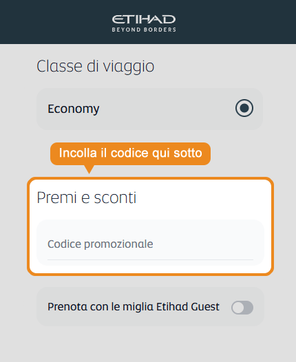 Dove inserire il codice sconto Etihad