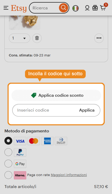 Dove inserire il codice sconto Etsy