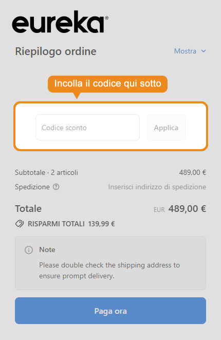 Dove inserire il codice sconto Eureka