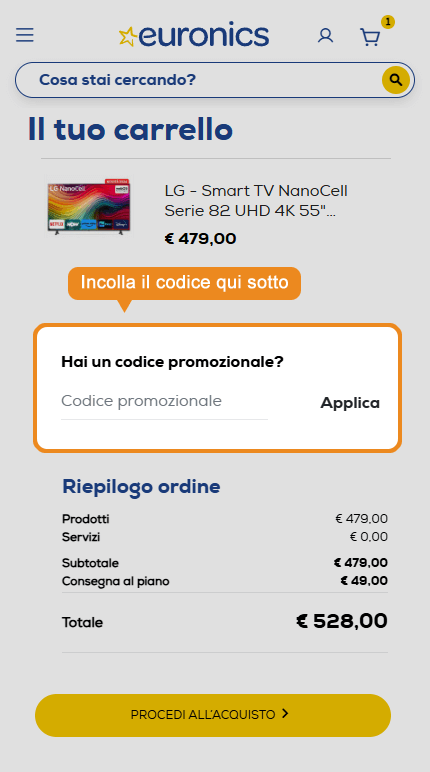 Dove inserire il codice sconto Euronics