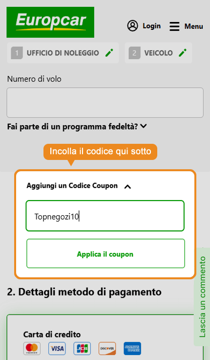 Dove inserire il codice sconto Europcar
