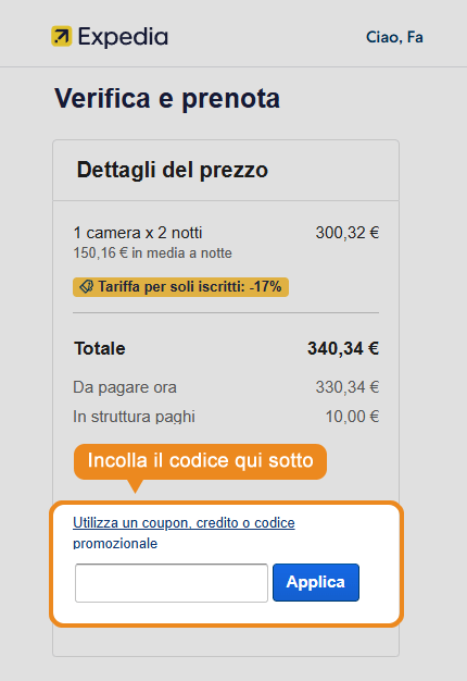 Dove inserire il codice sconto Expedia