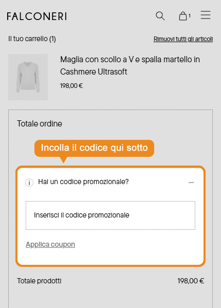 Dove inserire il codice sconto Falconeri