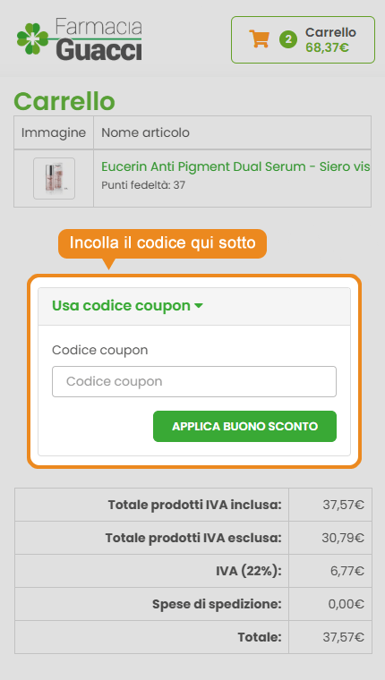 Dove inserire il codice sconto Farmacia Guacci