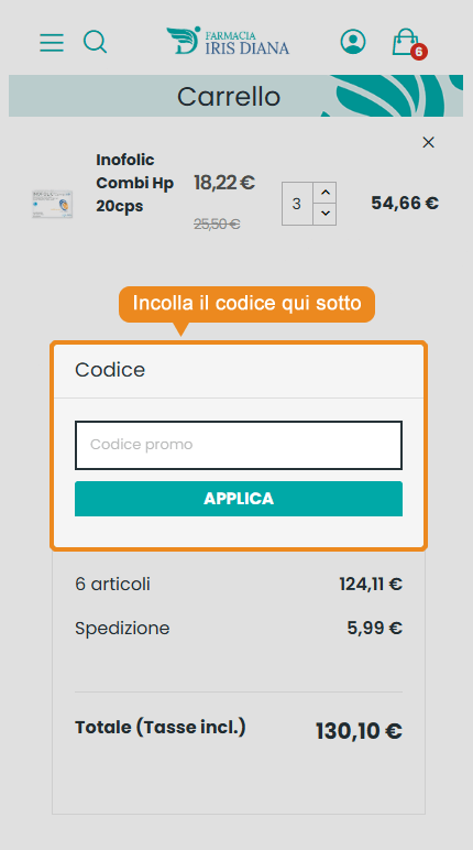 Dove inserire il codice sconto Farmacia Iris Diana