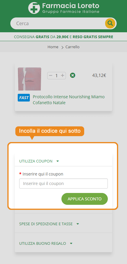 Dove inserire il codice sconto Farmacia Loreto