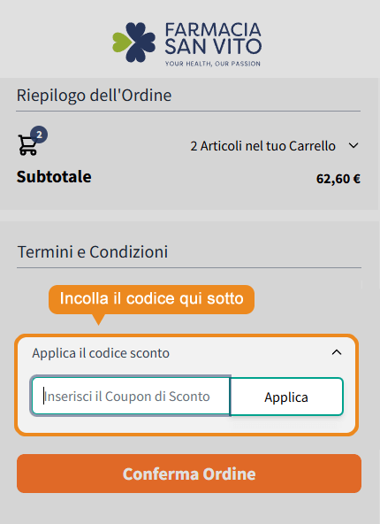 Dove inserire il codice sconto Farmacia San Vito