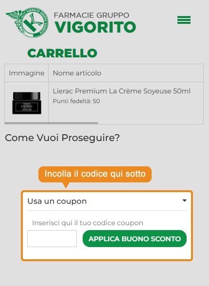 Dove inserire il codice sconto Farmacie Vigorito