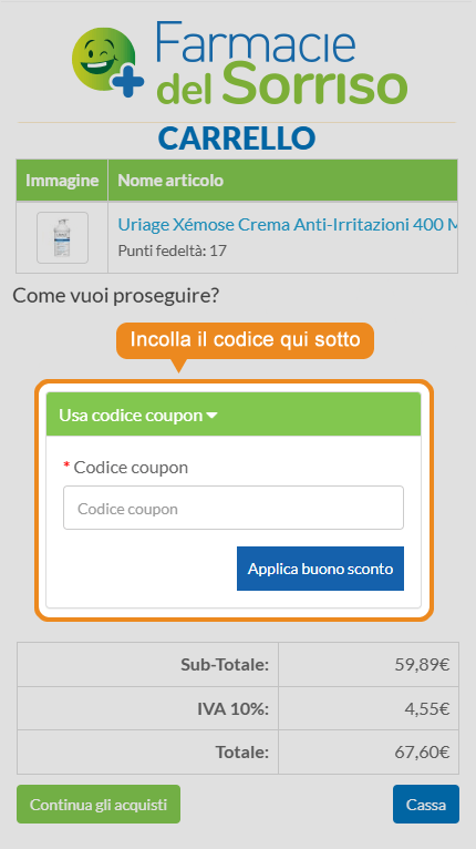 Dove inserire il codice sconto Farmacie del Sorriso