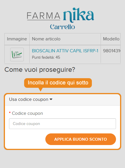 Dove inserire il codice sconto FarmaNika