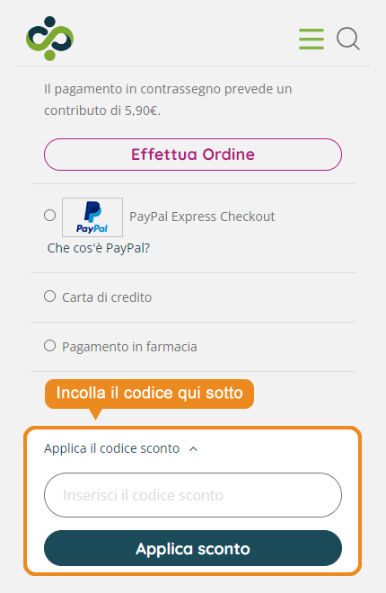 Dove inserire il codice sconto Farmaself
